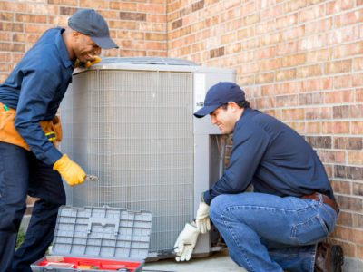 Multi-ethnic team of blue collar air conditioner repairmen at work.  They prepare to begin work by gathering appropriate tools from their tool box.